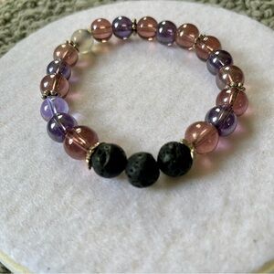 Fun handmade stretchy bracelet with pink and purple beads diffuser lava rocks